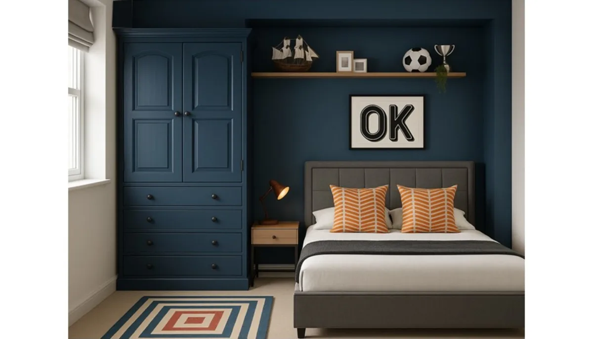 Boy’s bedroom painted navy